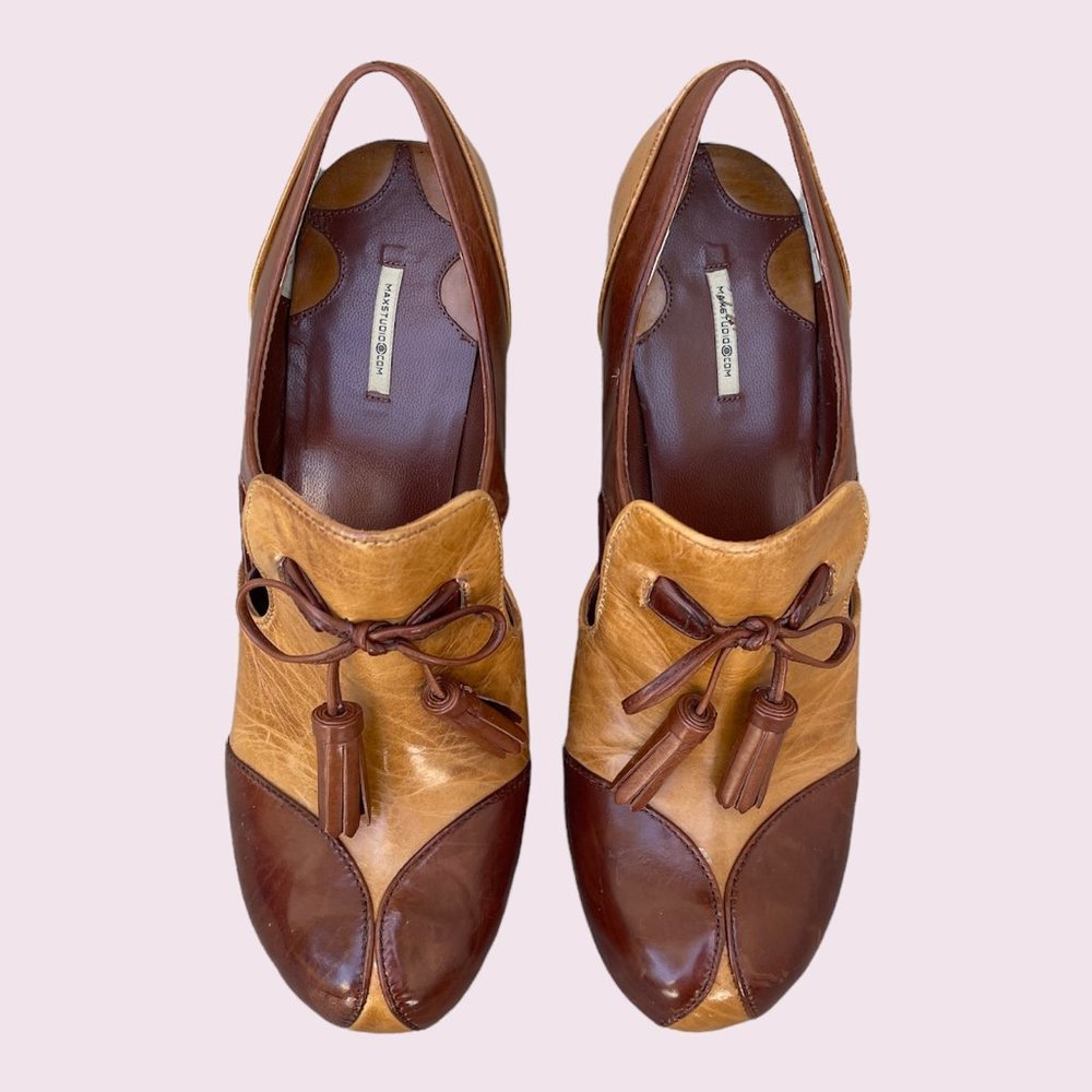 Max Studio Two-Tone Brown Leather Heels - Picture 2 of 14